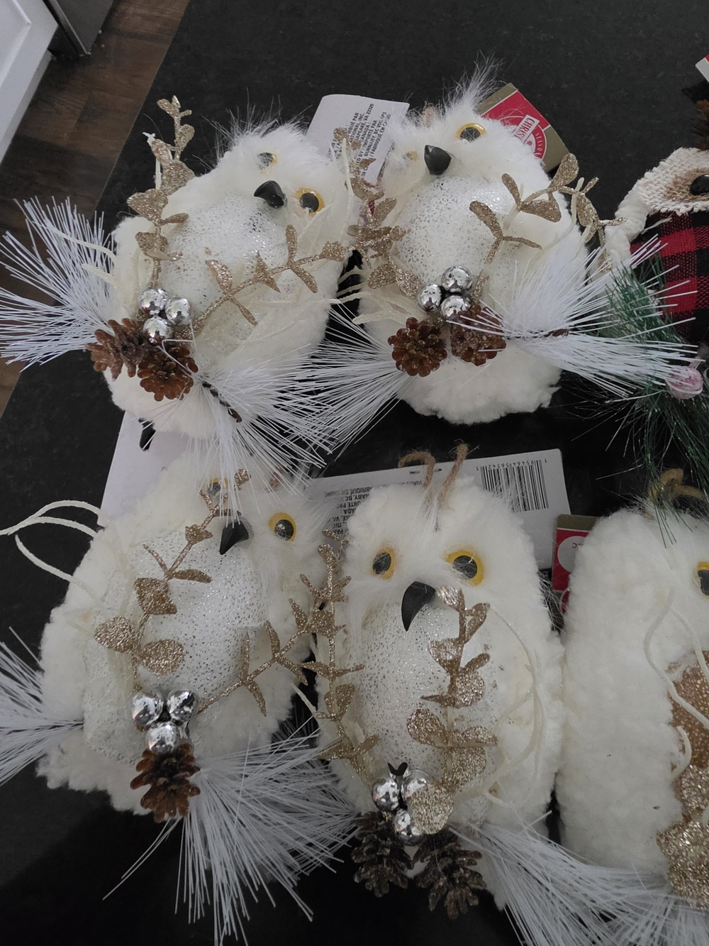 Holiday Decorative Owl Ornaments - White, Gold & Red Plaid - - Picture 5 of 6